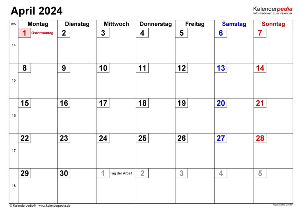 April 2024 Calendar Word