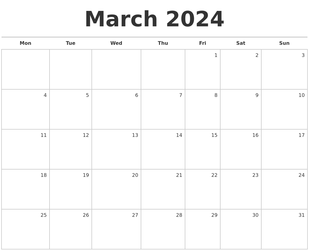 Free Printable Monthly March 2024 Calendar 2024 Calendar Printable