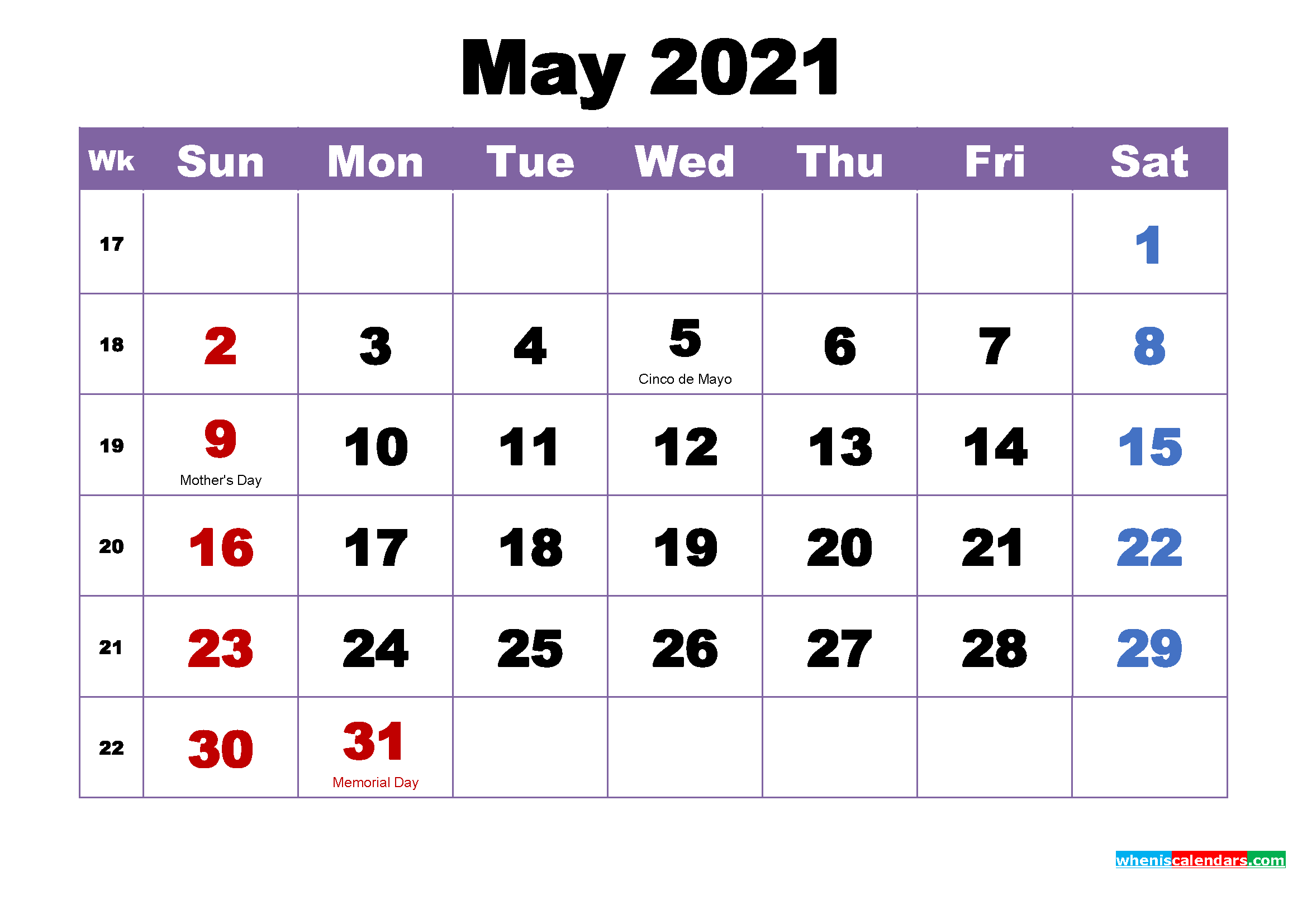 May 2021 Printable Calendar With Holidays Word PDF - 2024 Calendar ...