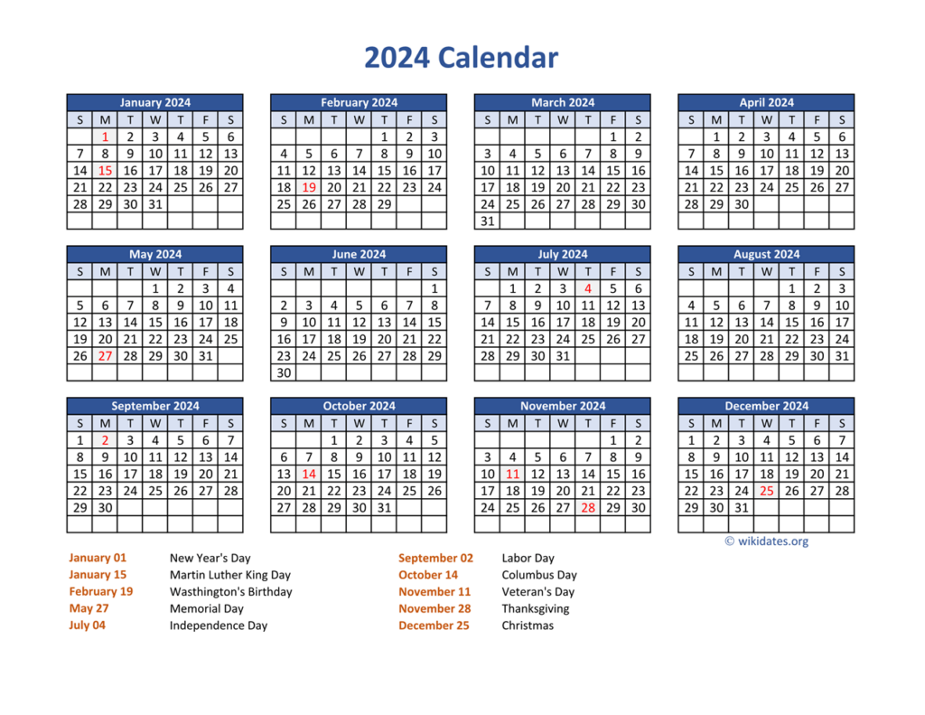 2024 National Holiday Calendar