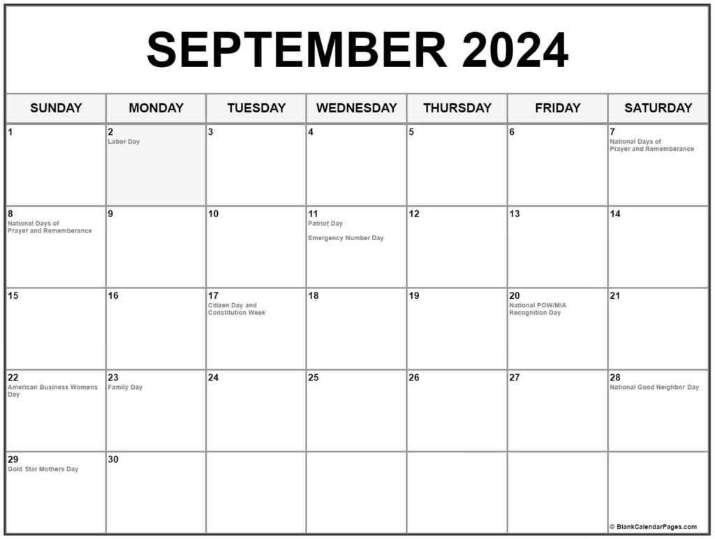 Sept 2024 Calendar With Holidays