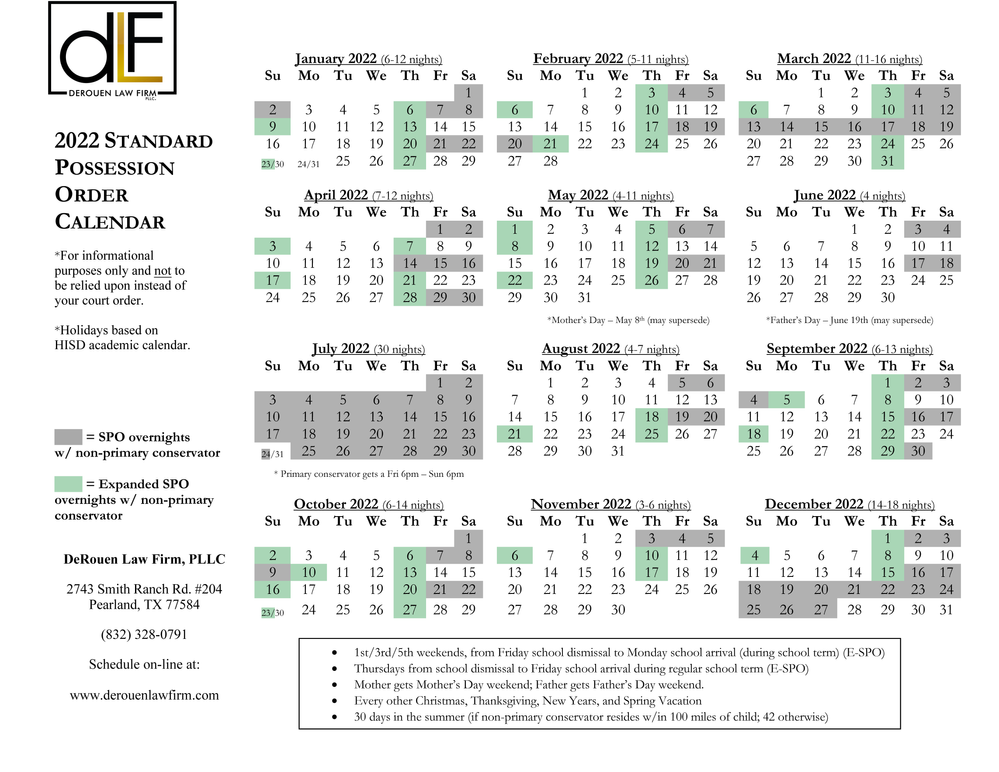 2024 Standard Possession Order Calendar