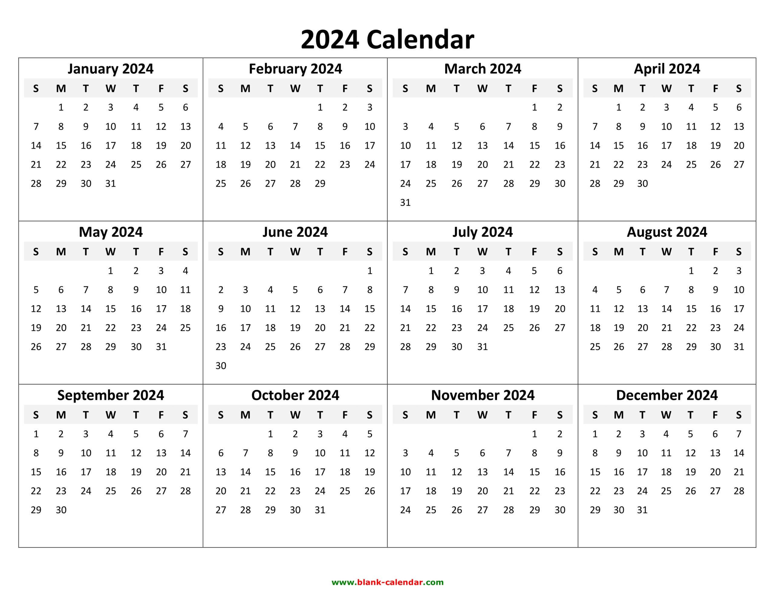 2024 Yearly Calendar Landscape Printable Free Download December 2024