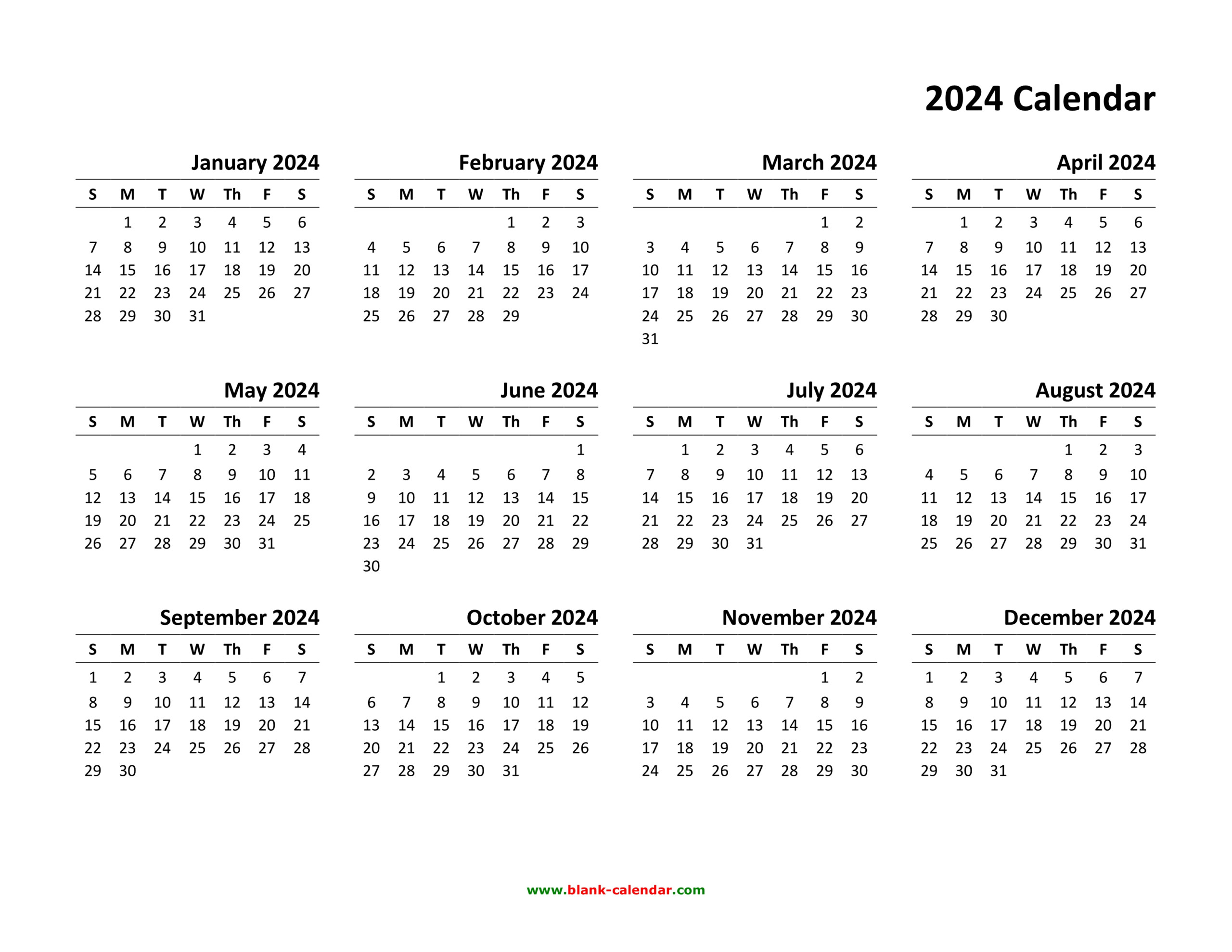 2024 Blank Yearly Word Calendar Template Free Printable Templates