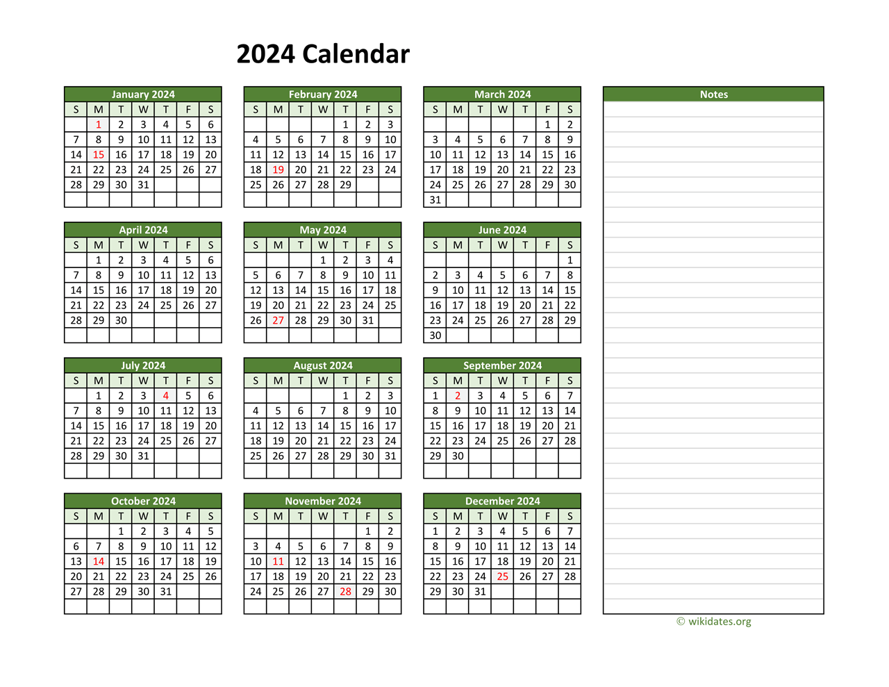 Yearly Printable 2024 Calendar With Notes WikiDates 2024 Calendar