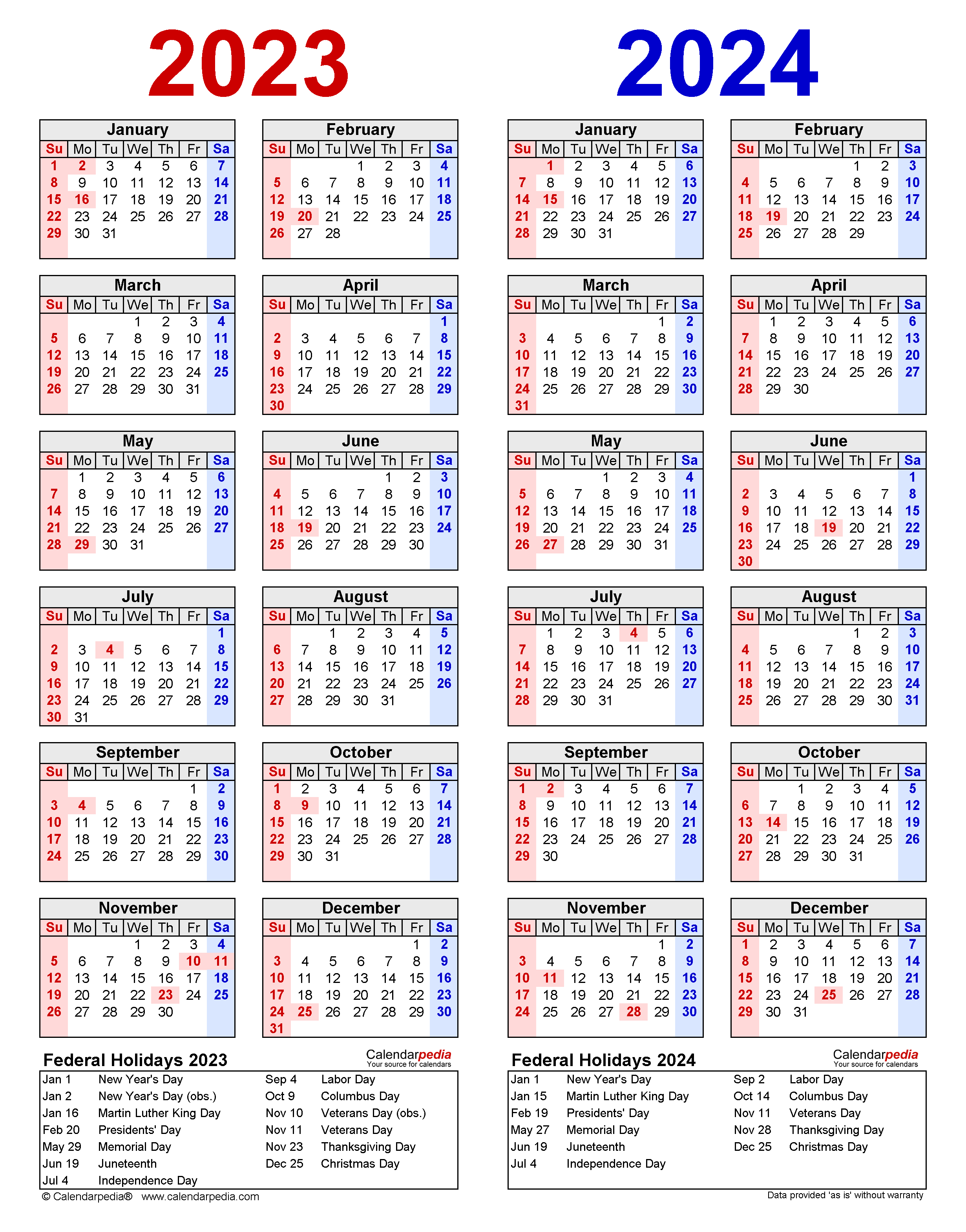 2024 And 2023 Calendar With Holidays Printable - 2024 Calendar Printable