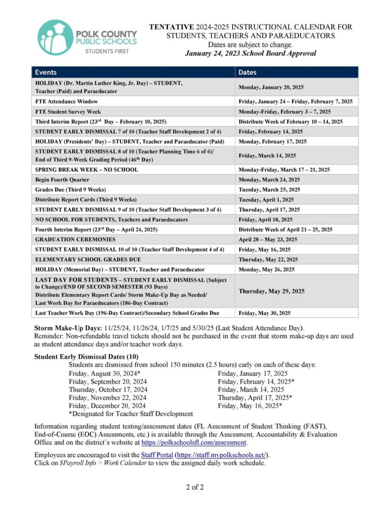 2024 2025 Polk County Schools Calendar Public Charter Private 2024