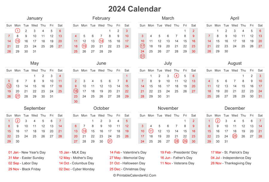 Monthly Calendar 2024 With Holidays