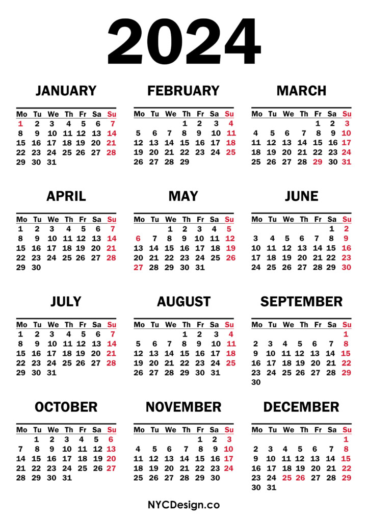 Free Printable 2024 Yearly Calendar With Holidays