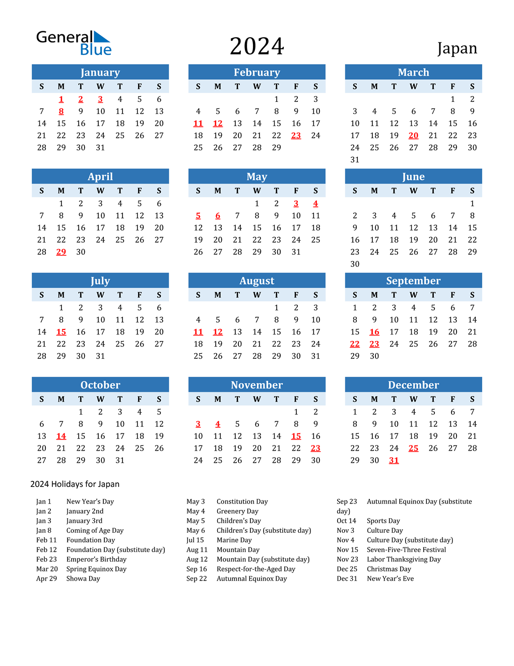 2024 Japan Calendar With Holidays 2024 Calendar Printable