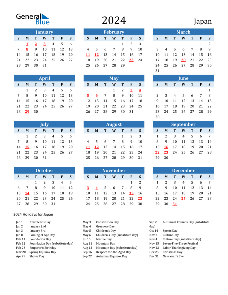 Japanese Luck Calendar 2024