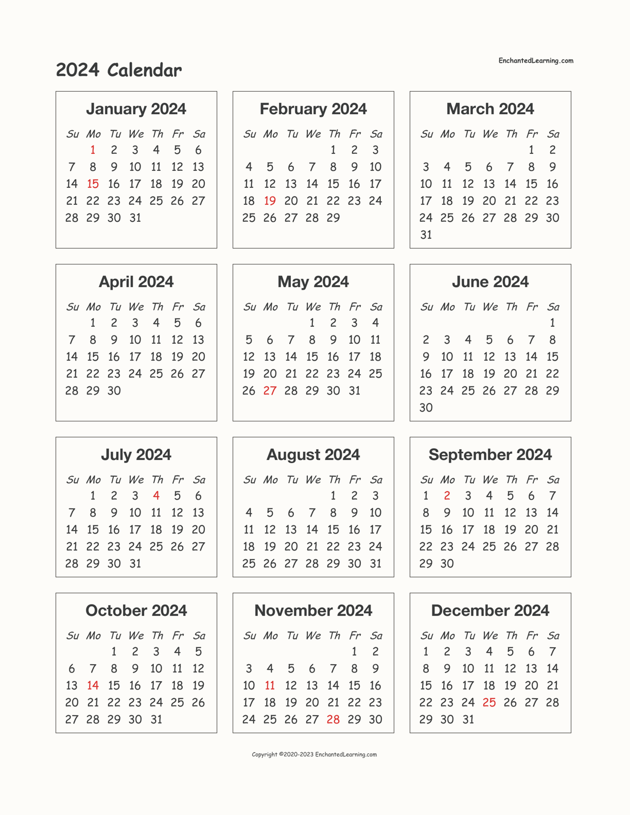 2024 Calendar Printable One Page 2024 Calendar Printable