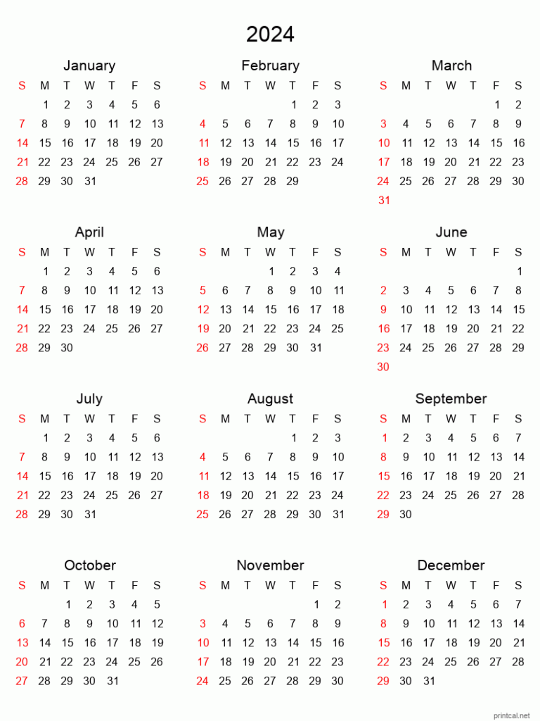 Printed Calendar 2024