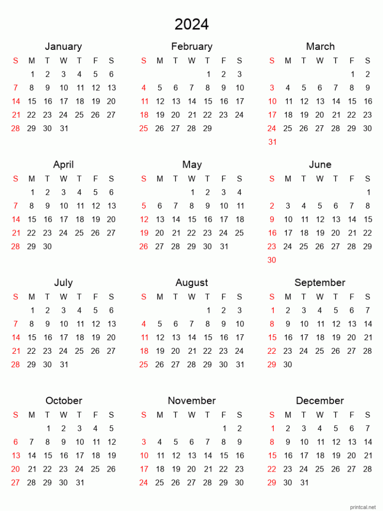 2024 Yearly Calendar Template