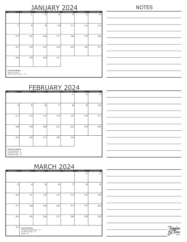 January February March 2024 Calendar