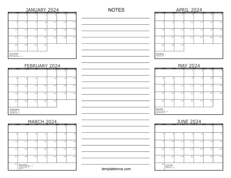 2024 6 Month Calendar 2024 Calendar Printable
