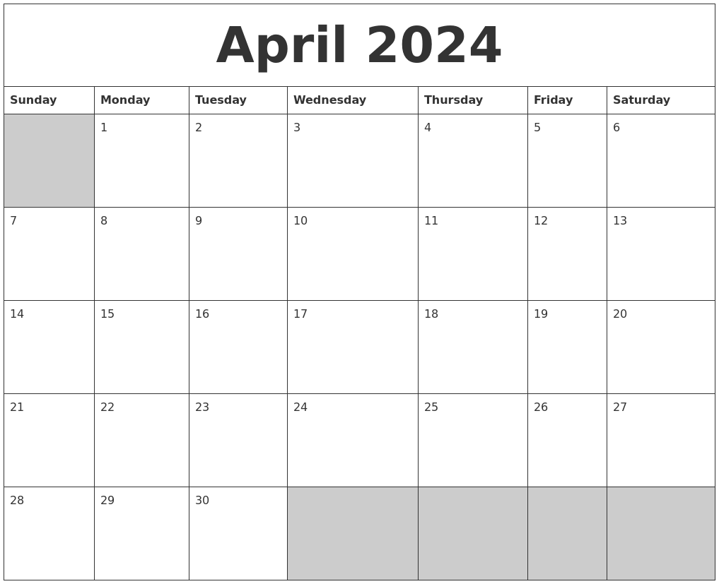 Blank Calendar April 2024 Printable