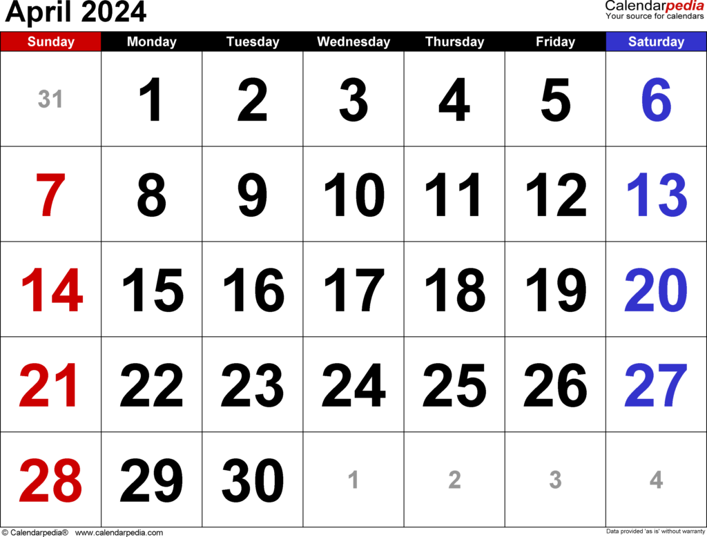 Calendar Template April 2024