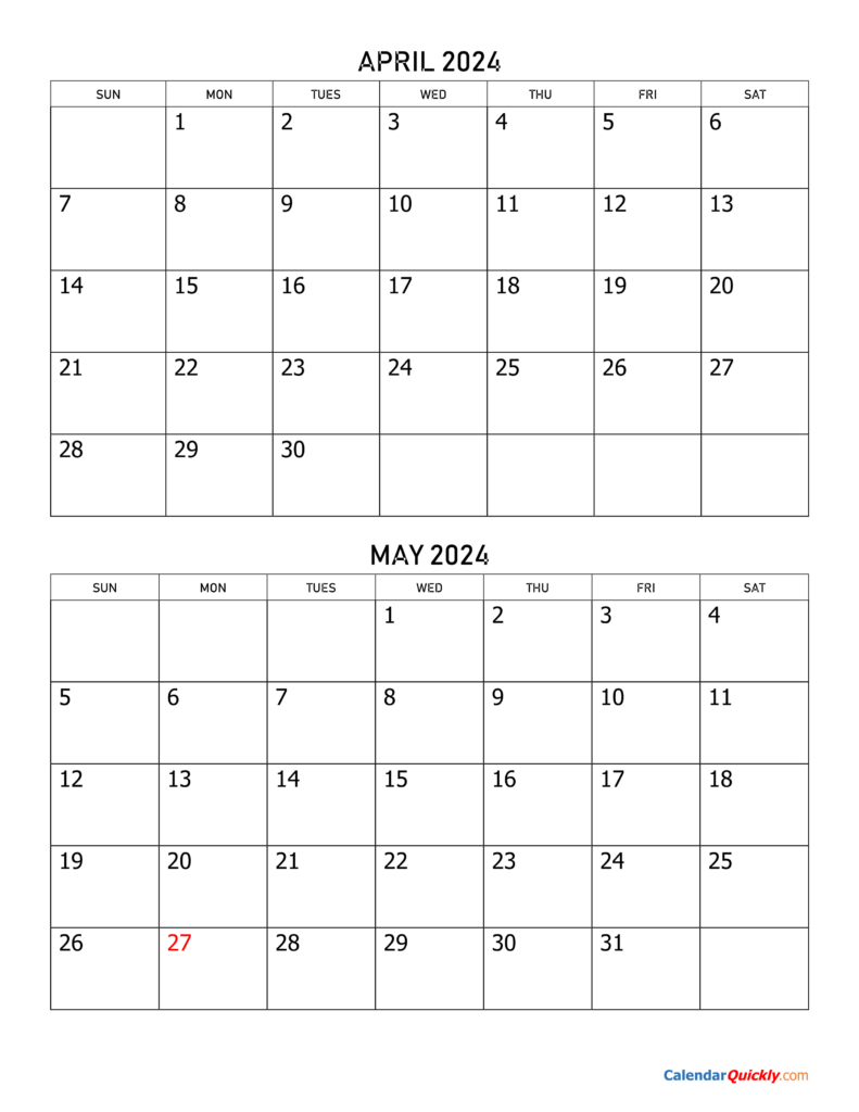 Calendar 2024 April May