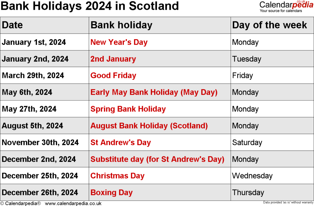 2024 Bank Holiday Calendar