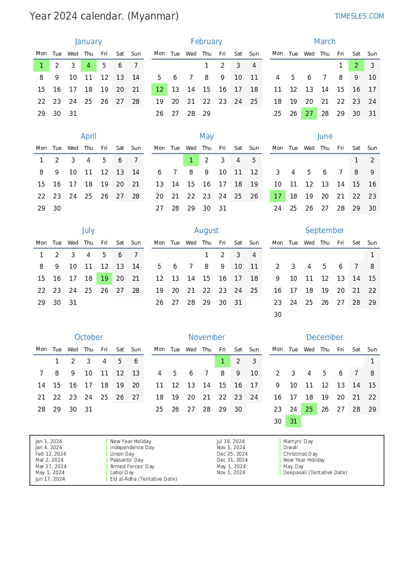 Calendar For 2024 With Holidays In Myanmar Print And Download Calendar 3 