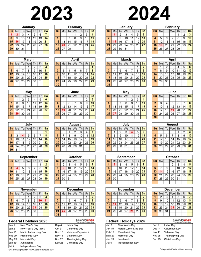 2024 And 2023 Yearly Calendar