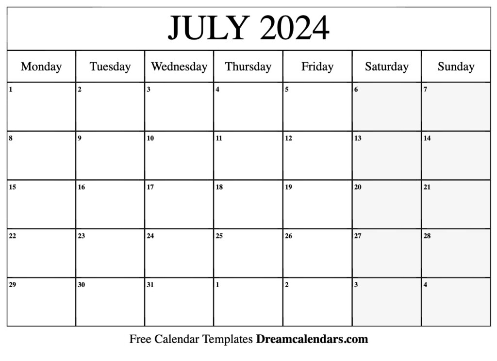 Calendar July 2024 Printable