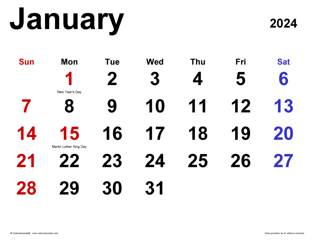 Printable Calendar Jan 2024