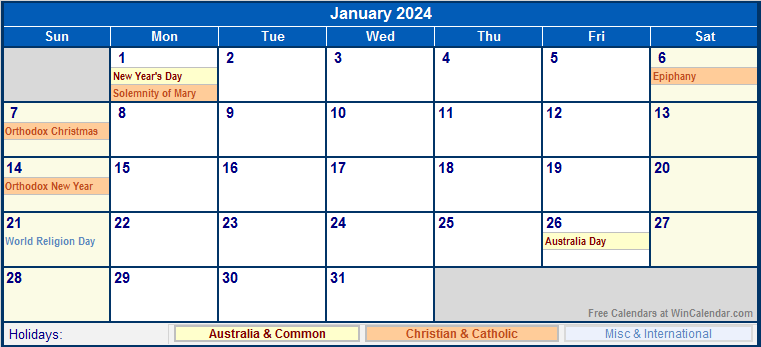 January 2024 Calendar Holidays