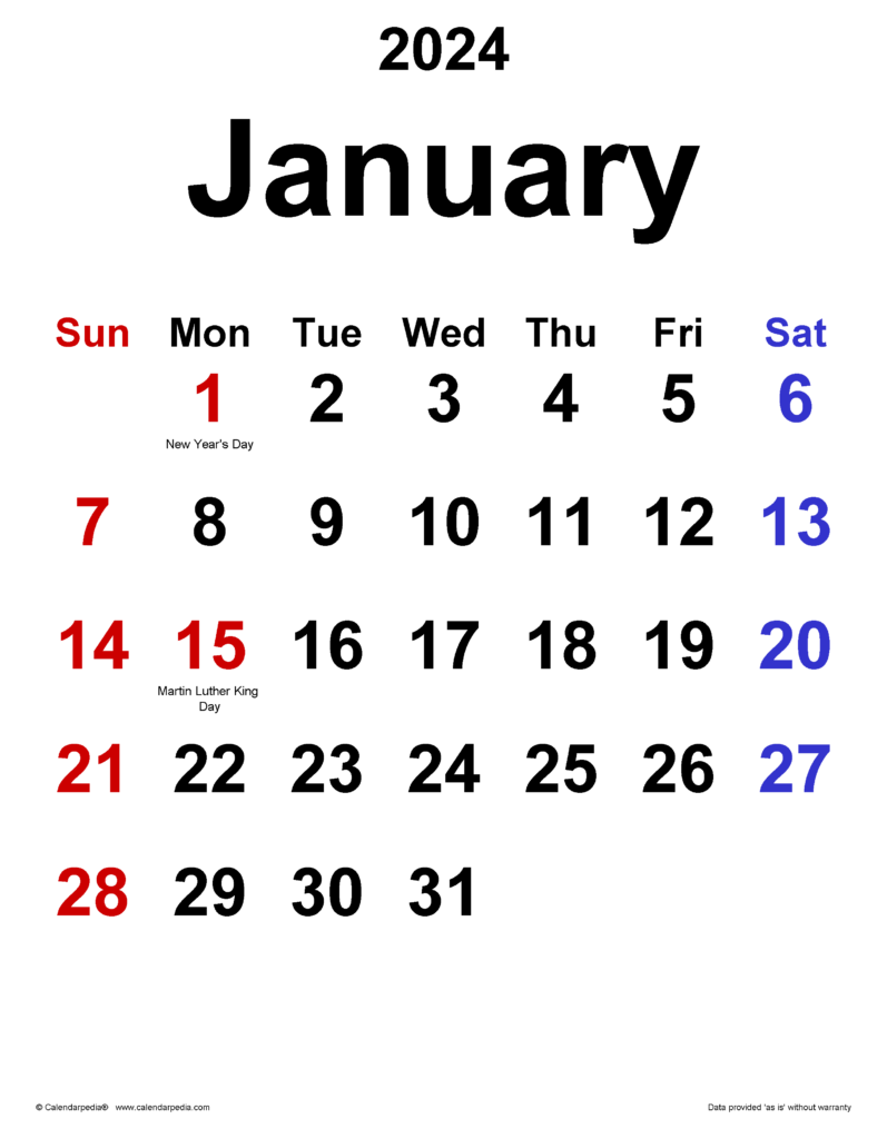 Printable Calendar January 2024