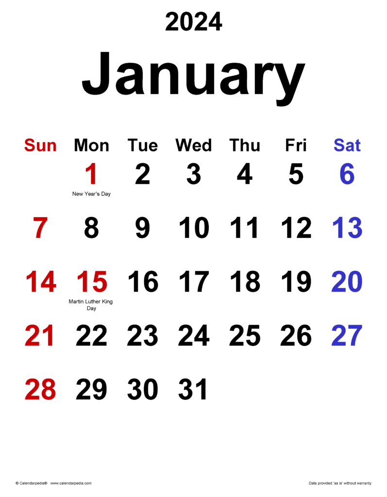 Calendar 2024 January Printable