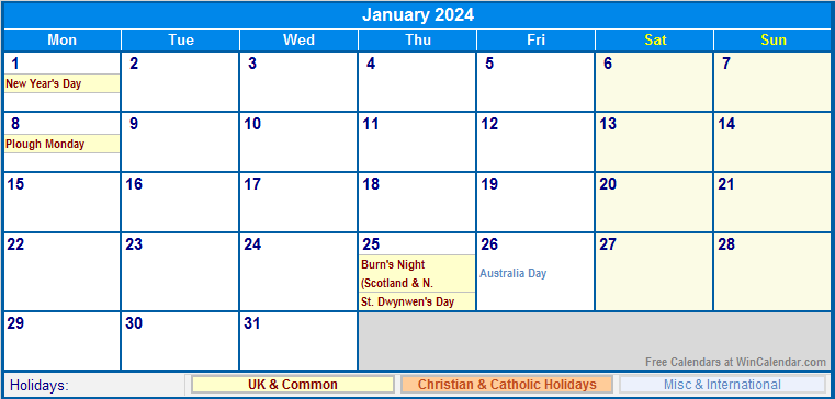 Jan 2024 Calendar With Holidays