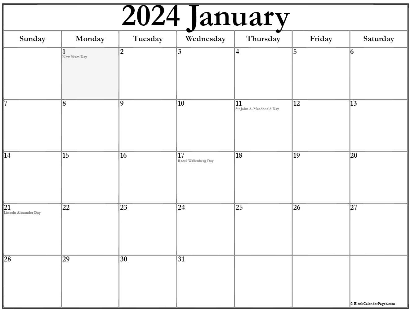 Jan 2024 Calendar With Holidays 2024 Calendar Printable