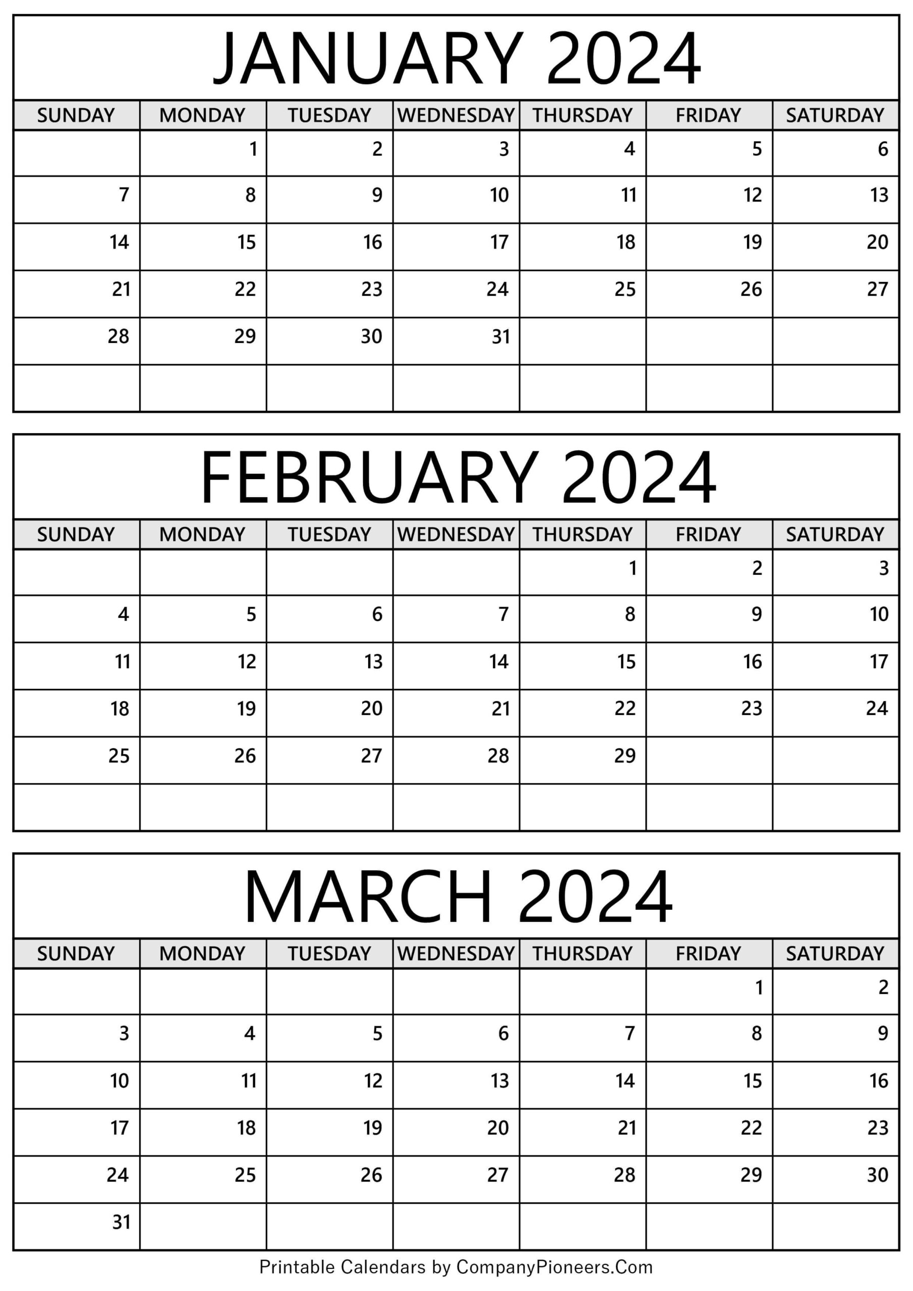 January February March 2024 Calendar 2024 Calendar Printable