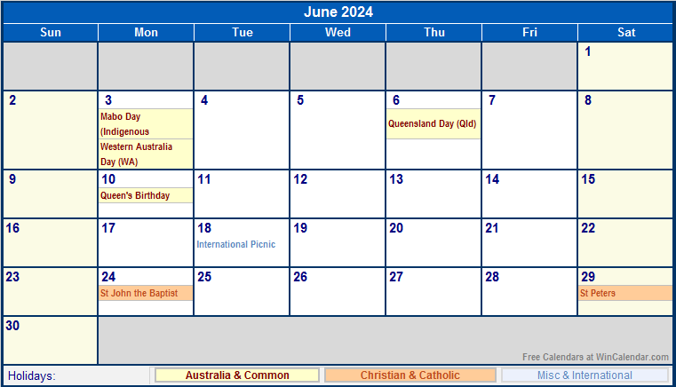 Calendar June 2024 With Holidays