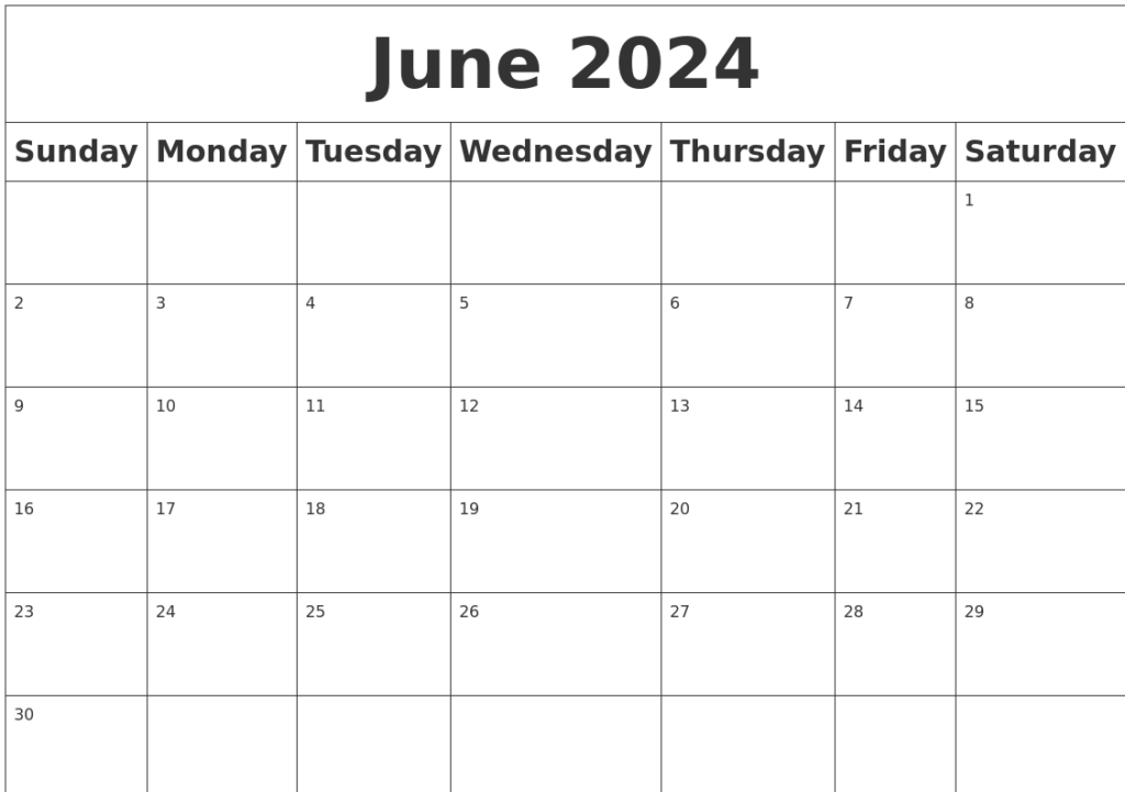 Blank June 2024 Calendar Editable