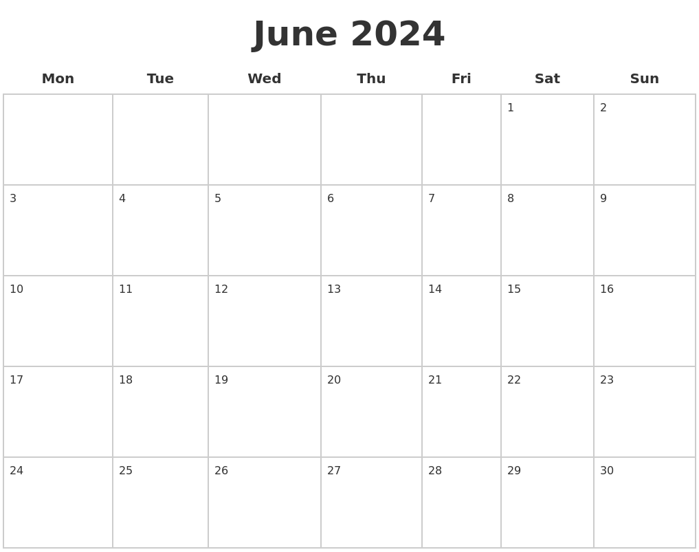 Blank June 2024 Calendar Printable 2024 Calendar Printable