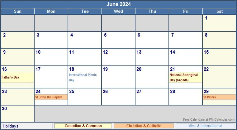 Calendar June 2024 With Holidays