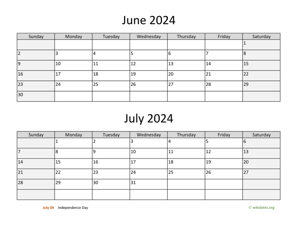 June July 2024 Calendar