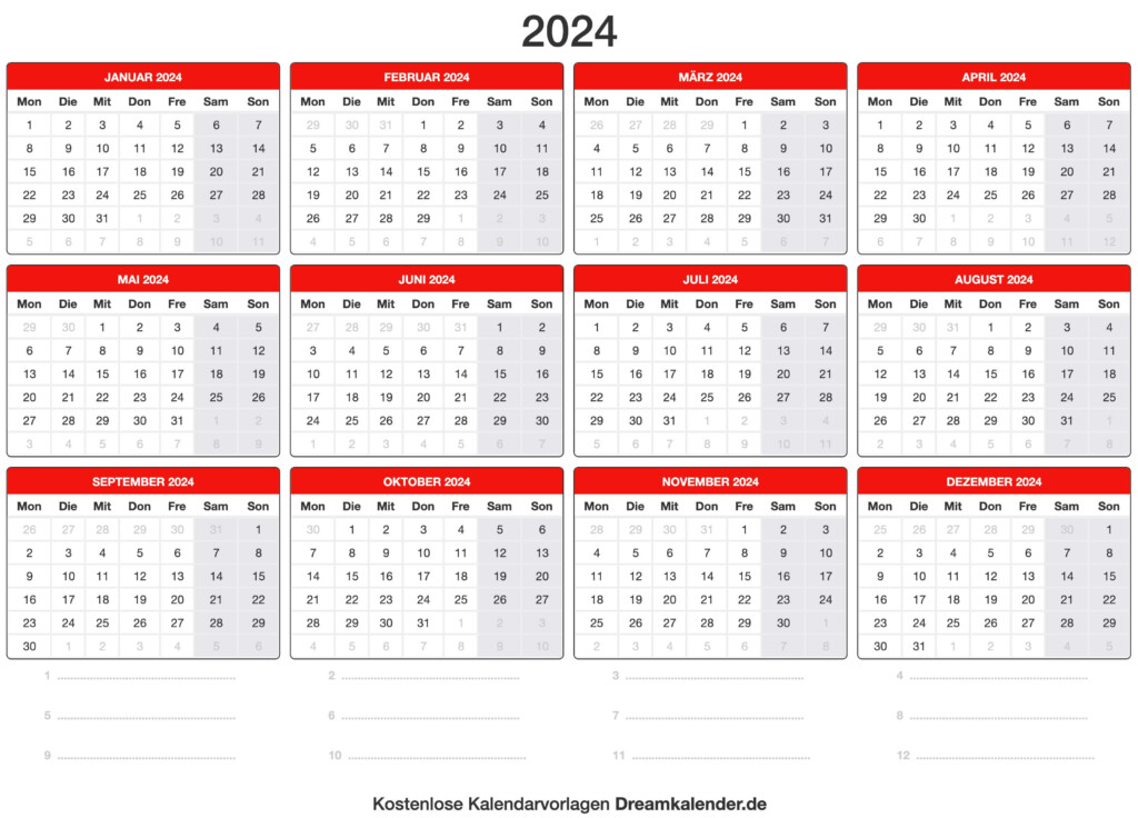 Horizontal Budget Calendar 2024