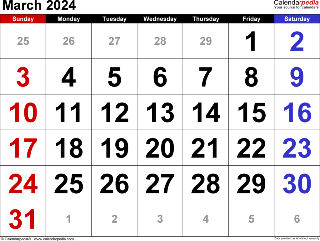 Calendar Template March 2024