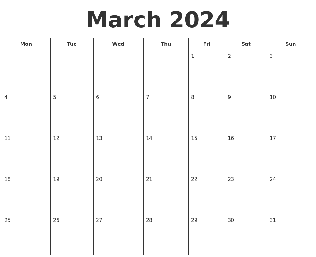 Free March 2024 Calendar