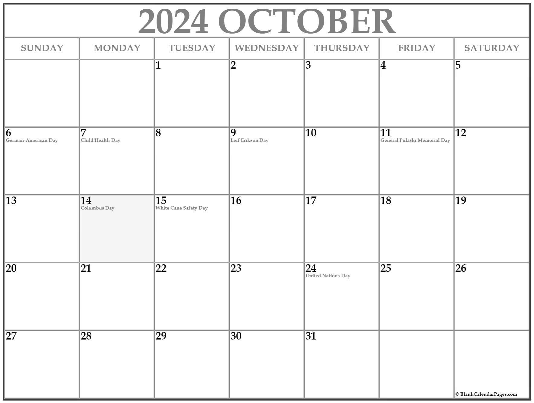 Oct 2024 Calendar With Holidays 2024 Calendar Printable