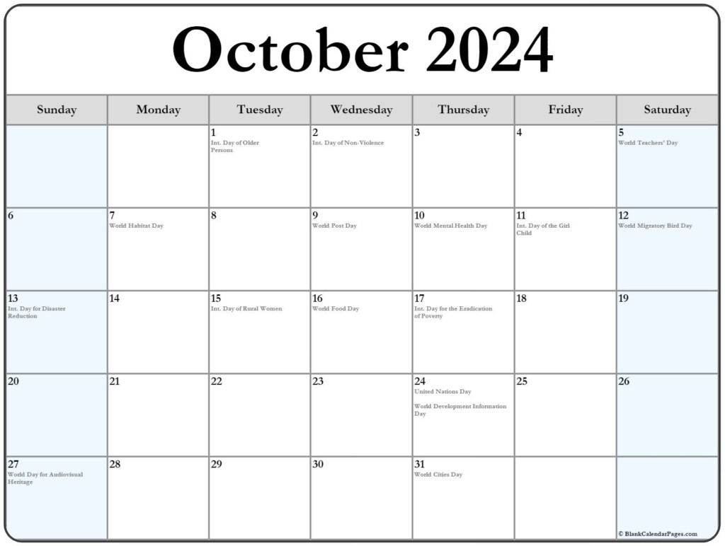Oct 2024 Calendar With Holidays