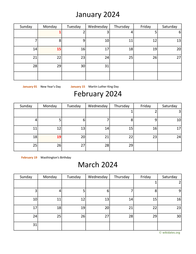 3-month Calendar 2024