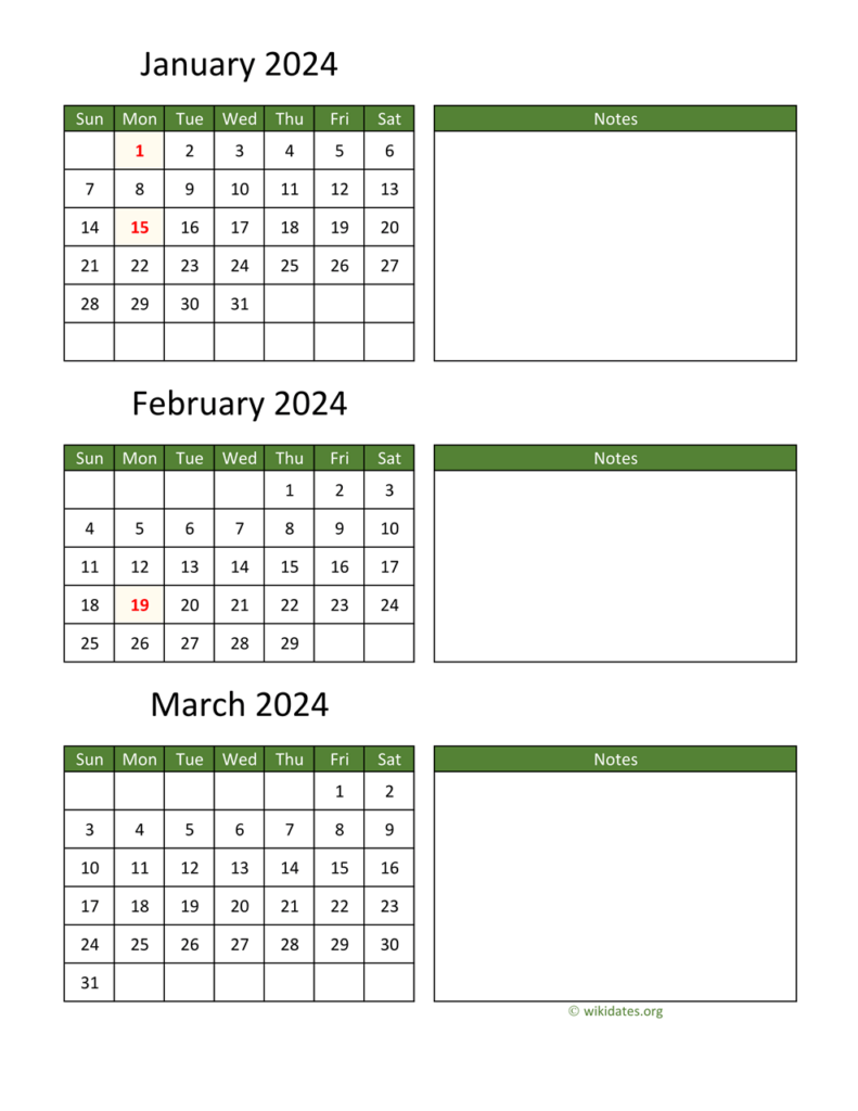 3 Month Printable Calendar 2024