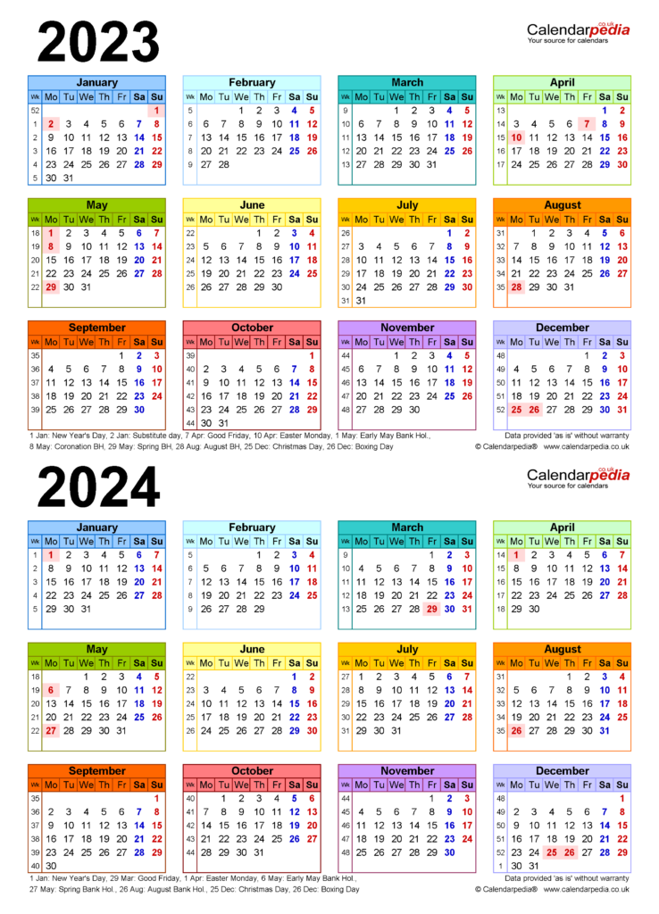 2024 And 2023 Calendar With Holidays Printable