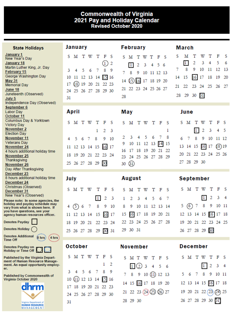 Commonwealth Of Virginia 2024 Pay And Holiday Calendar